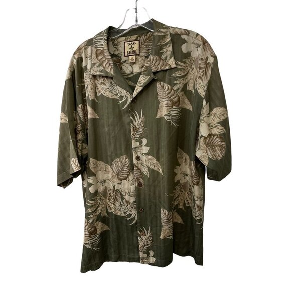 Tommy Bahama Mens Olive And Tan Floral Hawaiian Camp Village Shirt Sz L - Picture 1 of 8